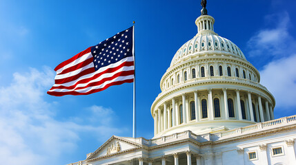 United states capitol building washington dc with american flag waving in wind travel tourism government