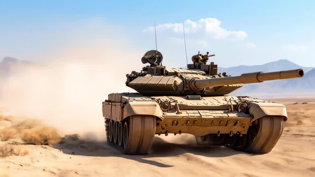 A large military tank advances across a dusty desert landscape The vehicle dominates the scene creating motion with swirling dust and a sense of power The sky is blue