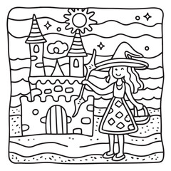 Spooky Summer – Cute and Easy Coloring Pages for All Ages | Fun Halloween-Inspired Summer Scenes | Line art vector illustration Print | Summer Coloring Page | Cute Scary Coloring page