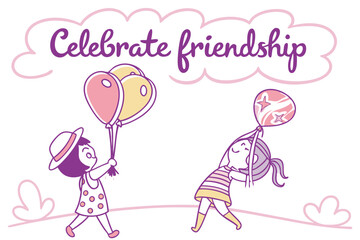 Cute doodle animal friends with balloons and playful bubbles