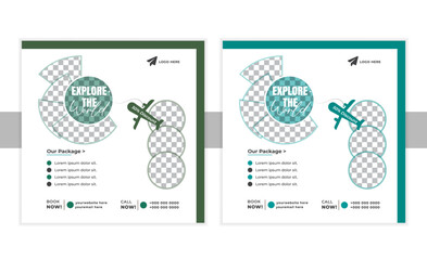 social media post template for travel holiday tourism marketing and sale promo. tour advertising. banner offer. promotional mockup photo vector frame illustration