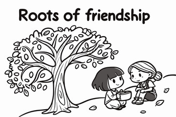 Cute doodle animal friends under a tree