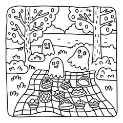 Spooky Summer – Cute and Easy Coloring Pages for All Ages | Fun Halloween-Inspired Summer Scenes | Line art vector illustration Print | Summer Coloring Page | Cute Scary Coloring page