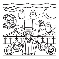 Obraz premium Spooky Summer – Cute and Easy Coloring Pages for All Ages | Fun Halloween-Inspired Summer Scenes | Line art vector illustration Print | Summer Coloring Page | Cute Scary Coloring page