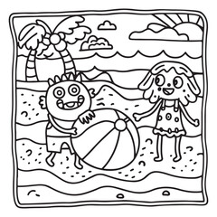 Spooky Summer – Cute and Easy Coloring Pages for All Ages | Fun Halloween-Inspired Summer Scenes | Line art vector illustration Print | Summer Coloring Page | Cute Scary Coloring page