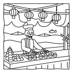 Spooky Summer – Cute and Easy Coloring Pages for All Ages | Fun Halloween-Inspired Summer Scenes | Line art vector illustration Print | Summer Coloring Page | Cute Scary Coloring page