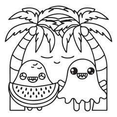 Spooky Summer – Cute and Easy Coloring Pages for All Ages | Fun Halloween-Inspired Summer Scenes | Line art vector illustration Print | Summer Coloring Page | Cute Scary Coloring page