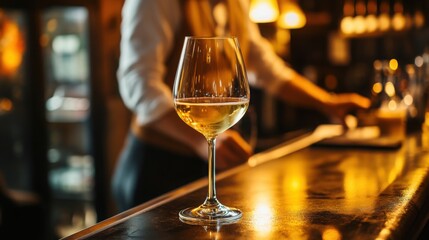 A shimmering glass of crisp white wine awaits a tasting on a glossy counter in warm