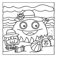 Spooky Summer – Cute and Easy Coloring Pages for All Ages | Fun Halloween-Inspired Summer Scenes | Line art vector illustration Print | Summer Coloring Page | Cute Scary Coloring page