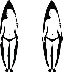 Women on surfboards body positivity art, Female surfers silhouette for diversity themes