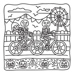 Spooky Summer – Cute and Easy Coloring Pages for All Ages | Fun Halloween-Inspired Summer Scenes | Line art vector illustration Print | Summer Coloring Page | Cute Scary Coloring page