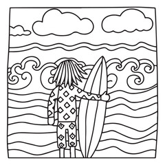 Spooky Summer – Cute and Easy Coloring Pages for All Ages | Fun Halloween-Inspired Summer Scenes | Line art vector illustration Print | Summer Coloring Page | Cute Scary Coloring page