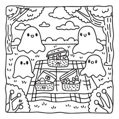 Spooky Summer – Cute and Easy Coloring Pages for All Ages | Fun Halloween-Inspired Summer Scenes | Line art vector illustration Print | Summer Coloring Page | Cute Scary Coloring page