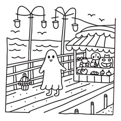 Spooky Summer – Cute and Easy Coloring Pages for All Ages | Fun Halloween-Inspired Summer Scenes | Line art vector illustration Print | Summer Coloring Page | Cute Scary Coloring page