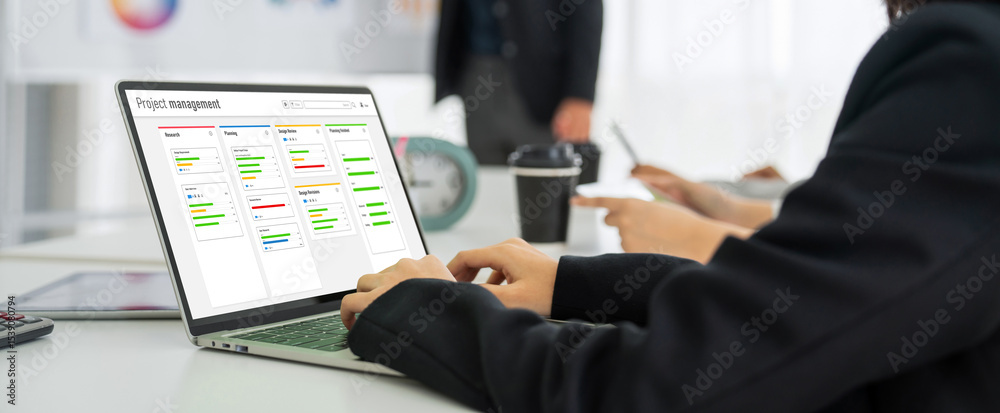 Poster project planning software for modish business project management on the computer screen showing time