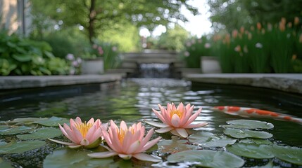 Peaceful garden pond with lotus flowers and koi fish