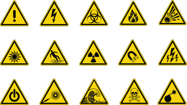 warning and danger hazard symbols icon set. Vector hazardous material signs. Globally Harmonized System warning signs. Hazmat isolated placards