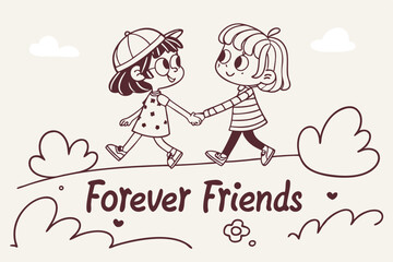 Cute doodle kids friends holding hands illustration