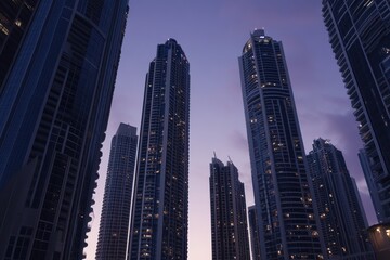 Obraz premium Dubai Marina skyscrapers illuminated at dusk highlighting architectural beauty, Dubai Marina's skyscrapers seen at dusk