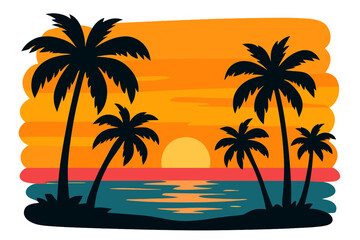 Obraz premium A colorful tropical ocean sunset serves as the backdrop for dark silhouettes of palm trees in this vector illustration