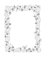 Rectangular vertical background with Strawberry. Plant frame, border, Doodle sketch. Berries with leaves, flowers. Black and white. Vector, organic food for menu, invitation, postcard.
