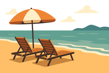 A seaside holiday vector illustration depicting summer vacation loungers on a beautiful sea beach landscape seascape banner