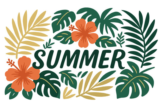 Fototapeta Tropical summer vector design incorporating palm leaves, hibiscus flowers, and handlettering elements for banner or flyer use