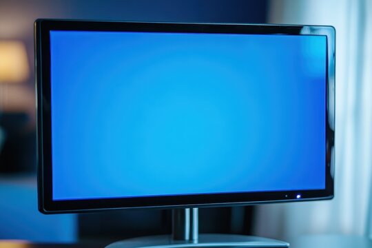 PC monitor displaying a blue loading screen in a modern workspace environment, PC Monitor With Loading Screen