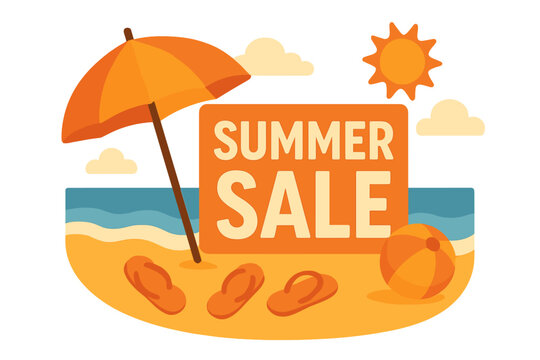 A flat design summer beach scene is depicted in a vector illustration of a summer sale banner