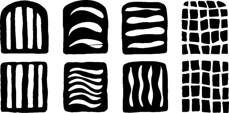 Abstract geometric patterns with parallel bars, broken grids, and curves for design projects