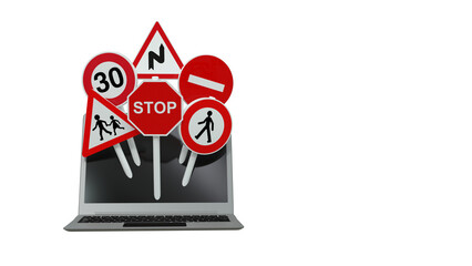 des panneaux routiers et un ordinateur portable, concept de code de la route en ligne - illustration 3D sur fond transparent