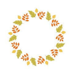 Wearth Autumn fall frame. Autumn leaves circle frame. Round border made of fall leaves in orange, yellow, and green. Vector flat isolated on white background.	