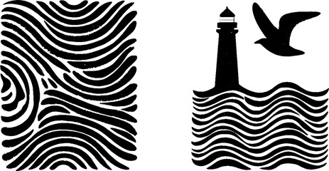 Nautical scene with sailboat lighthouse and seagull minimalist design for coastal decor