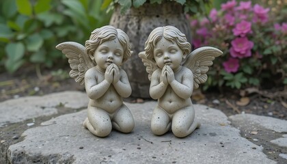 In a garden setting, two little stone cherub figurines are praying by Sri