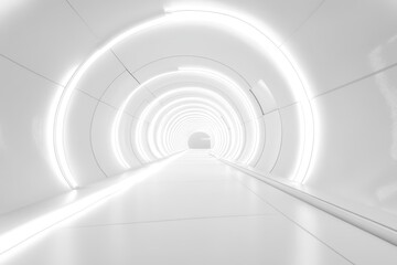Obraz premium Bright futuristic tunnel illuminated with white neon lights creating a mesmerizing effect, Bright futuristic tunnel with white neon lights in