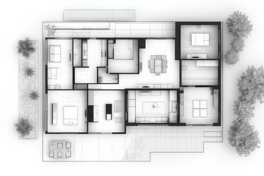 Modern home plan architectural design contemporary layout blueprint sketch on White Background. Generative Ai