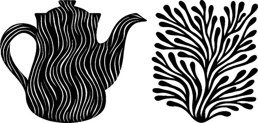 Obraz premium Artistic black and white teapot with herb design