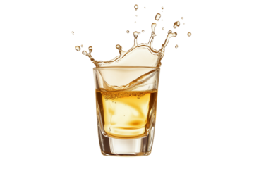 A glass shot of tequila making toast with splash isolated on a transparent background