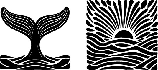 Whale tail and ocean waves with sunburst design for nautical themes