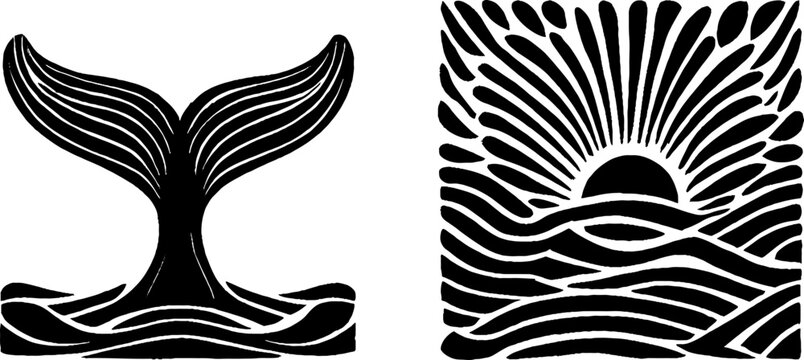 Whale tail and ocean waves with sunburst design for nautical themes