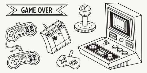 Retro Gaming Console and Controller Line Art Design Perfect for Nostalgia-themed Projects, Websites, or App Interfaces