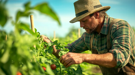 French farmer carefuly staking young tomato plants in vibrant field under clear sky