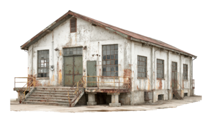 Abandoned industrial warehouse urban area photograph gritty environment side decay concept cut out png