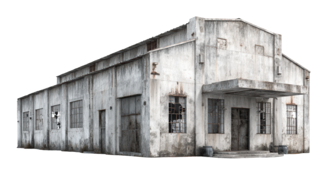 Abandoned warehouse exploration urban setting architectural industrial environment wide angle decay concept cut out png