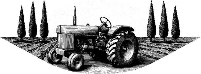 Fototapeta premium Vintage engraving of tractor and plowed field with trees