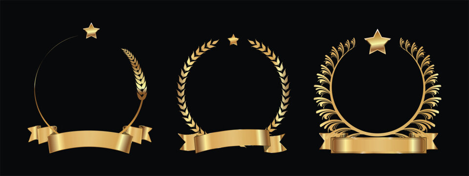 three golden laurel wreaths with decorative ribbons, which are symbols of victory, honor, fame and prestige.