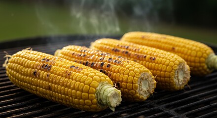 Grilled corn on the cob with smoke on barbecue grill  
