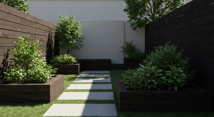 Obraz premium Modern garden with stone pathway and greenery in contemporary design 