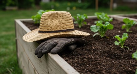 Gardening gloves and straw hat resting on wooden planter box  