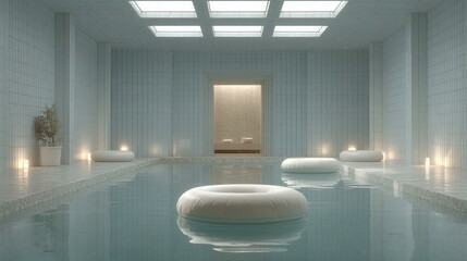 Surreal poolcore scene in moonstone room